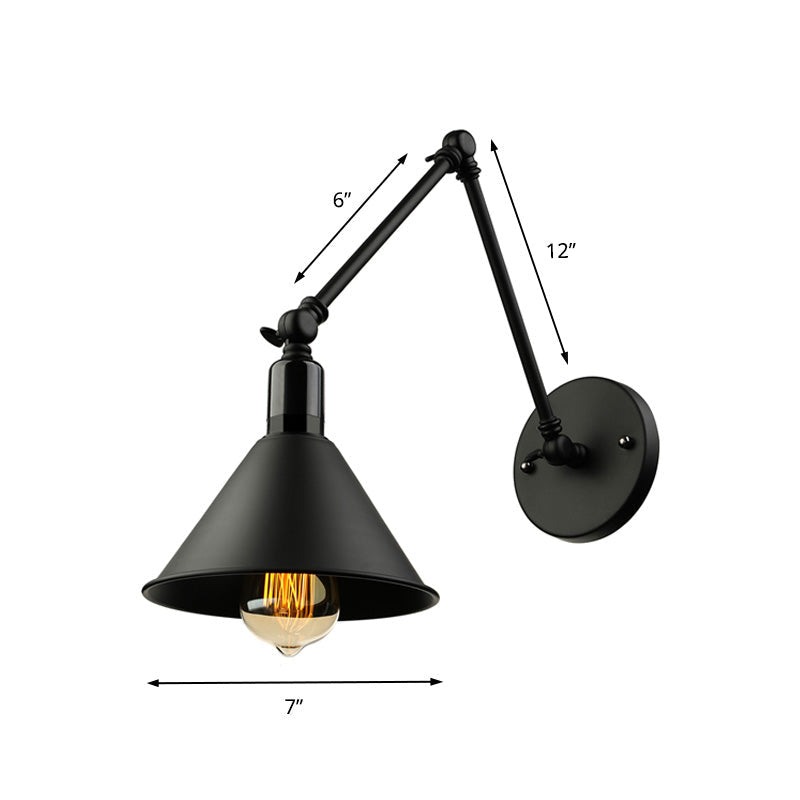 1 Head Wall Lamp with Conic Shade and Swing Arm Metallic Loft Style Indoor Sconce Lighting in Black/White Clearhalo 'Art deco wall lights' 'Cast Iron' 'Glass' 'Industrial wall lights' 'Industrial' 'Middle century wall lights' 'Modern' 'Rustic wall lights' 'Tiffany' 'Traditional wall lights' 'Wall Lamps & Sconces' 'Wall Lights' Lighting' 148006