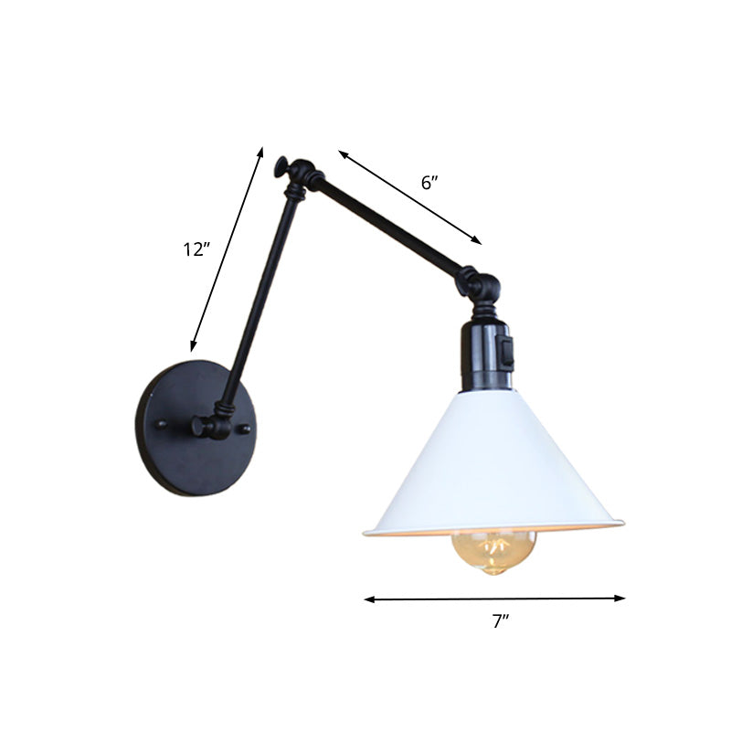 1 Head Wall Lamp with Conic Shade and Swing Arm Metallic Loft Style Indoor Sconce Lighting in Black/White Clearhalo 'Art deco wall lights' 'Cast Iron' 'Glass' 'Industrial wall lights' 'Industrial' 'Middle century wall lights' 'Modern' 'Rustic wall lights' 'Tiffany' 'Traditional wall lights' 'Wall Lamps & Sconces' 'Wall Lights' Lighting' 148013