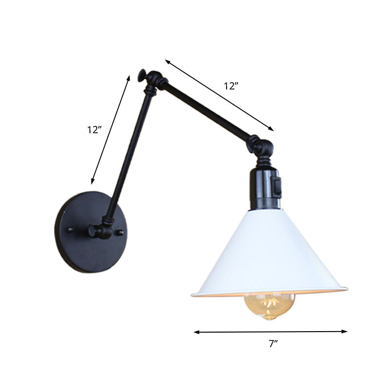 1 Head Wall Lamp with Conic Shade and Swing Arm Metallic Loft Style Indoor Sconce Lighting in Black/White Clearhalo 'Art deco wall lights' 'Cast Iron' 'Glass' 'Industrial wall lights' 'Industrial' 'Middle century wall lights' 'Modern' 'Rustic wall lights' 'Tiffany' 'Traditional wall lights' 'Wall Lamps & Sconces' 'Wall Lights' Lighting' 148014