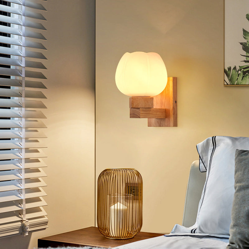Single Bulb Opal Glass Wall Sconce Light Nordic Wood Bowl Bedroom Lighting Fixture White Clearhalo 'Cast Iron' 'Glass' 'Industrial' 'Modern wall lights' 'Modern' 'Tiffany' 'Traditional wall lights' 'Wall Lamps & Sconces' 'Wall Lights' Lighting' 148188