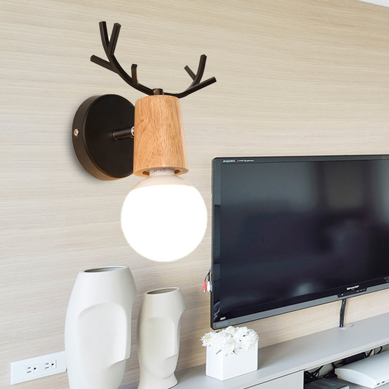 1 Light Bare Bulb Sconce Lamp Modern Style Black/White Finish Metal and Wood Wall Lighting with Deer Horn Clearhalo 'Industrial wall lights' 'Industrial' 'Middle century wall lights' 'Rustic wall lights' 'Tiffany' 'Wall Lamps & Sconces' 'Wall Lights' Lighting' 148259
