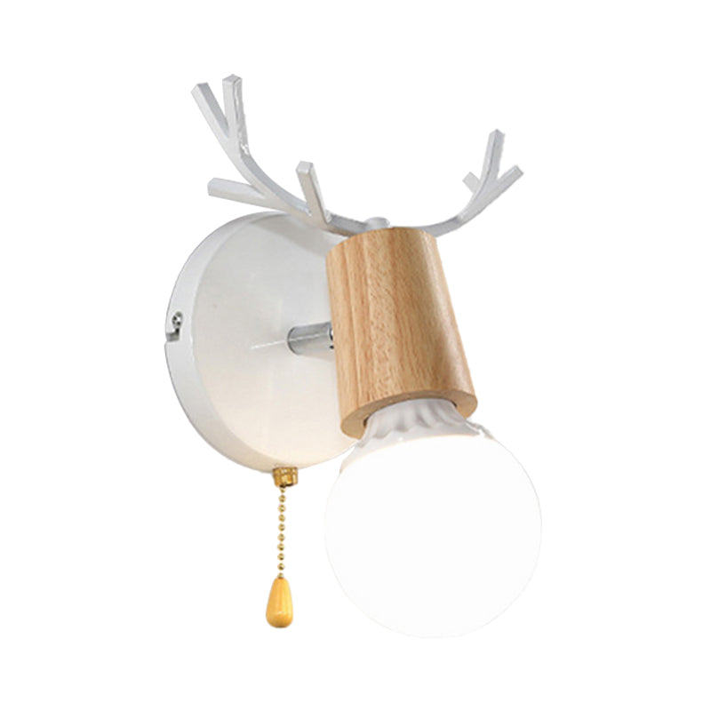 1 Light Bare Bulb Sconce Lamp Modern Style Black/White Finish Metal and Wood Wall Lighting with Deer Horn Clearhalo 'Industrial wall lights' 'Industrial' 'Middle century wall lights' 'Rustic wall lights' 'Tiffany' 'Wall Lamps & Sconces' 'Wall Lights' Lighting' 148265