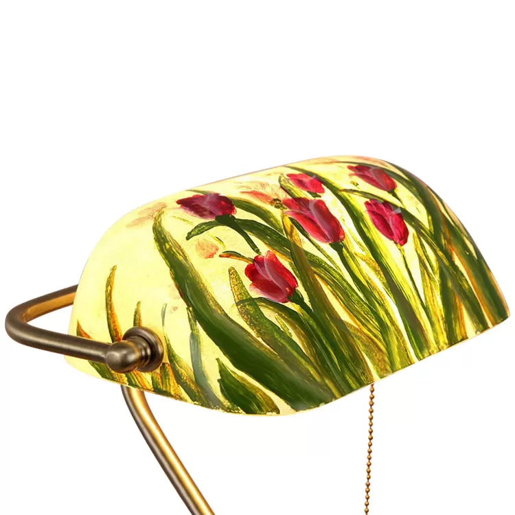 Traditional Style Rollover Shade Banker Lamp 1 Light Green/Red/White Glass Banker Desk Lamp with Pull Chain for Bedroom Clearhalo 'Desk Lamps' 'Lamps' Lighting' 14865
