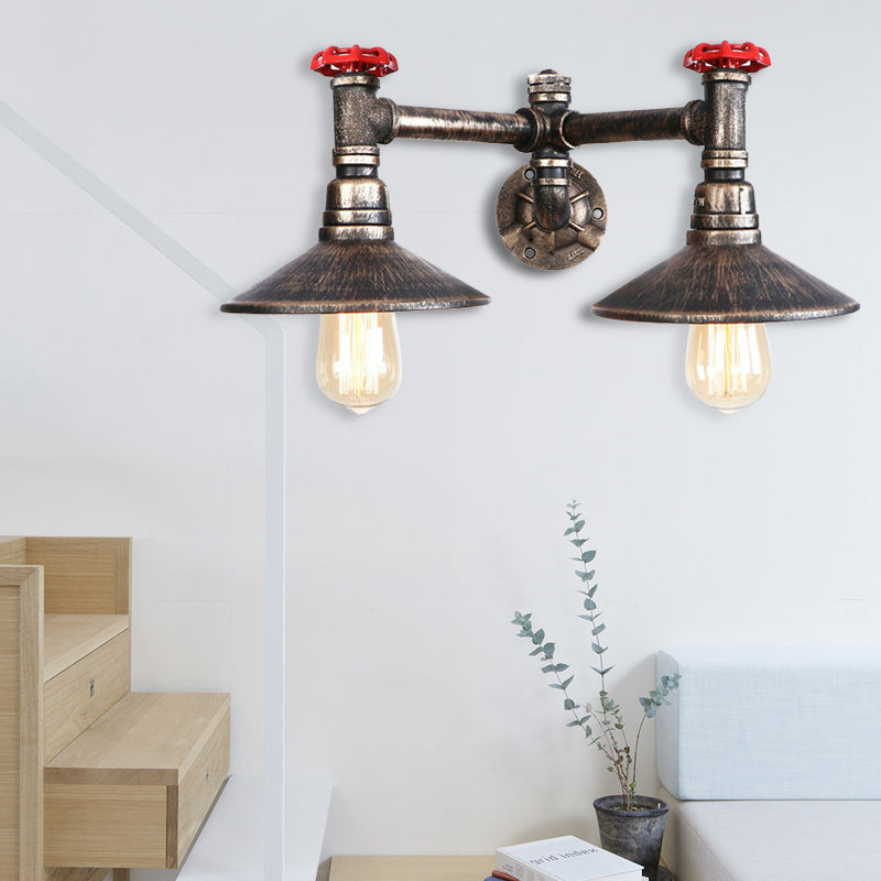Weathered Bronze 2 Bulbs Wall Mount Light Steampunk Wrought Iron Cone Shade Wall Sconce with Red Valve Clearhalo 'Art deco wall lights' 'Cast Iron' 'Glass' 'Industrial wall lights' 'Industrial' 'Middle century wall lights' 'Modern' 'Rustic wall lights' 'Tiffany' 'Traditional wall lights' 'Wall Lamps & Sconces' 'Wall Lights' Lighting' 148902