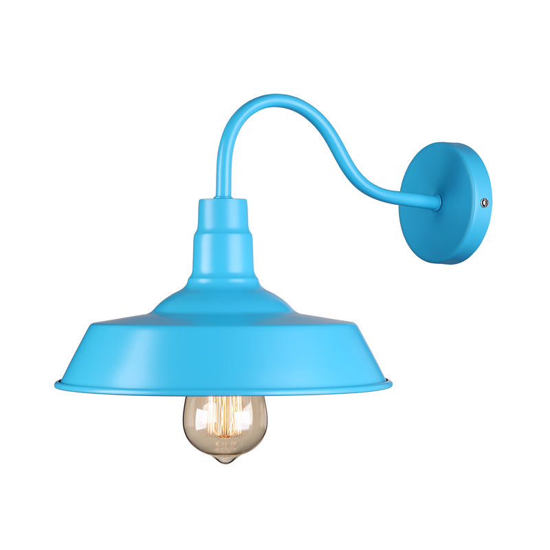 Industrial Stylish Barn Wall Sconce Lamp 1 Bulb Metallic Sconce Wall Lighting with Gooseneck Arm in Blue/Pink, 10"/14" Wide Clearhalo 'Art deco wall lights' 'Cast Iron' 'Glass' 'Industrial wall lights' 'Industrial' 'Middle century wall lights' 'Modern' 'Rustic wall lights' 'Tiffany' 'Traditional wall lights' 'Wall Lamps & Sconces' 'Wall Lights' Lighting' 148999