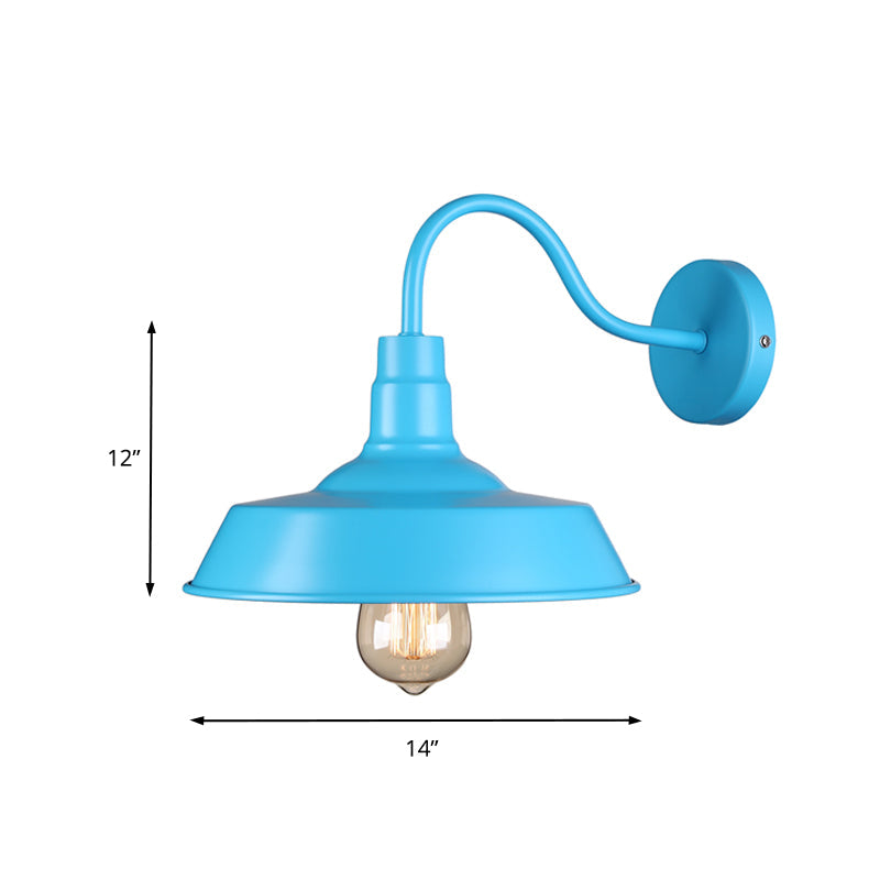 Industrial Stylish Barn Wall Sconce Lamp 1 Bulb Metallic Sconce Wall Lighting with Gooseneck Arm in Blue/Pink, 10"/14" Wide Clearhalo 'Art deco wall lights' 'Cast Iron' 'Glass' 'Industrial wall lights' 'Industrial' 'Middle century wall lights' 'Modern' 'Rustic wall lights' 'Tiffany' 'Traditional wall lights' 'Wall Lamps & Sconces' 'Wall Lights' Lighting' 149001