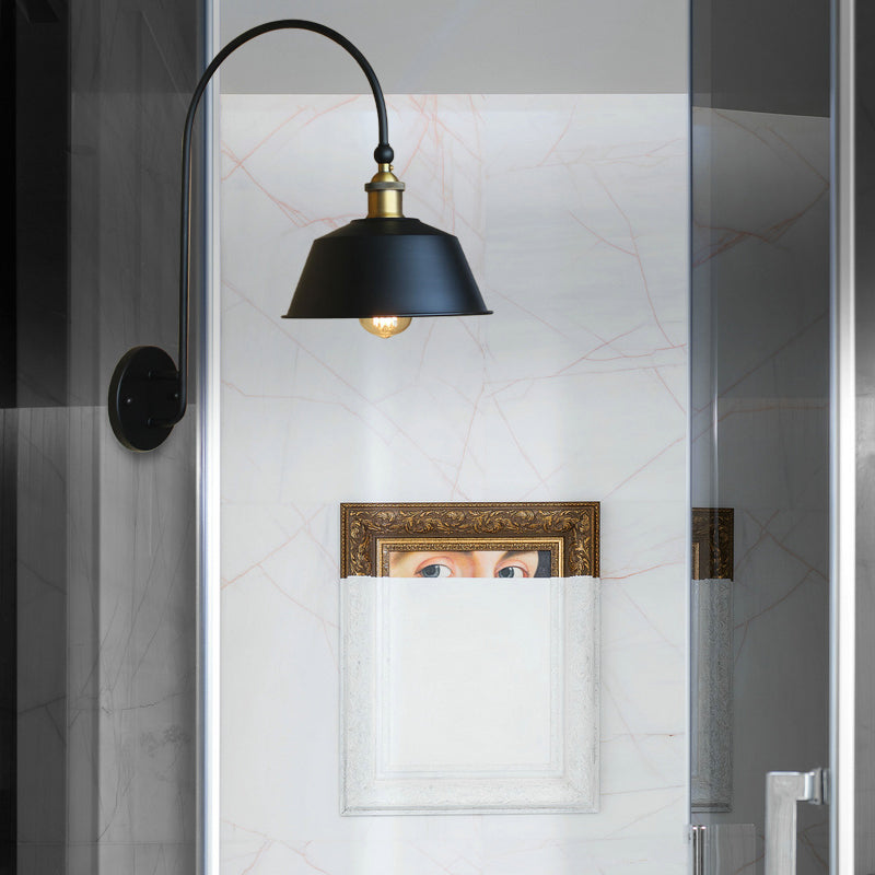 Retro Style Barn/Tapered Shade Wall Light 10"/14" W 1 Light Metallic Sconce Lighting with Arched Arm in Black Black 10" Clearhalo 'Art deco wall lights' 'Cast Iron' 'Glass' 'Industrial wall lights' 'Industrial' 'Middle century wall lights' 'Modern' 'Rustic wall lights' 'Tiffany' 'Traditional wall lights' 'Wall Lamps & Sconces' 'Wall Lights' Lighting' 149066