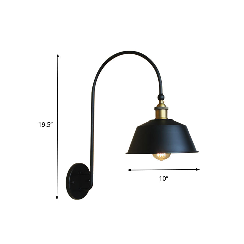 Retro Style Barn/Tapered Shade Wall Light 10"/14" W 1 Light Metallic Sconce Lighting with Arched Arm in Black Clearhalo 'Art deco wall lights' 'Cast Iron' 'Glass' 'Industrial wall lights' 'Industrial' 'Middle century wall lights' 'Modern' 'Rustic wall lights' 'Tiffany' 'Traditional wall lights' 'Wall Lamps & Sconces' 'Wall Lights' Lighting' 149069