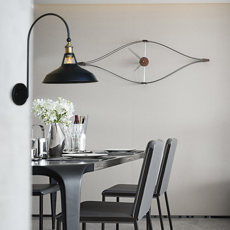 Retro Style Barn/Tapered Shade Wall Light 10"/14" W 1 Light Metallic Sconce Lighting with Arched Arm in Black Black 14" Clearhalo 'Art deco wall lights' 'Cast Iron' 'Glass' 'Industrial wall lights' 'Industrial' 'Middle century wall lights' 'Modern' 'Rustic wall lights' 'Tiffany' 'Traditional wall lights' 'Wall Lamps & Sconces' 'Wall Lights' Lighting' 149070