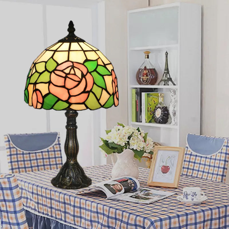 Tiffany Rose Table Light Bedroom 1 Light Stained Glass Decorative Standing Light in Pink-White/Pink Clearhalo 'Lamps' 'Table Lamps' Lighting' 14974