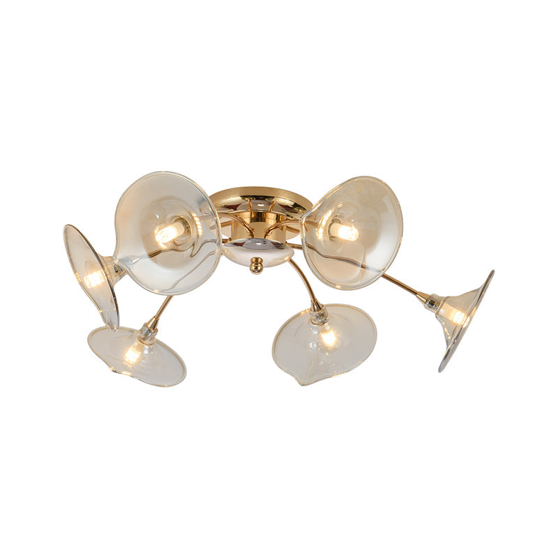 6 Lights Dining Room Semi Flush Mount Lamp with Trumpet Glass Shade Nordic Gold Ceiling Light Fixture Clearhalo 'Ceiling Lights' 'Close To Ceiling Lights' 'Close to ceiling' 'Glass shade' 'Glass' 'Pendant Lights' 'Semi-flushmount' Lighting' 149900