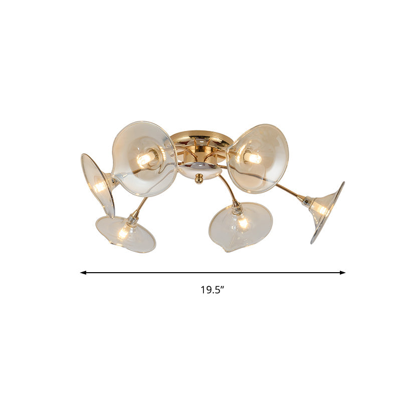 6 Lights Dining Room Semi Flush Mount Lamp with Trumpet Glass Shade Nordic Gold Ceiling Light Fixture Clearhalo 'Ceiling Lights' 'Close To Ceiling Lights' 'Close to ceiling' 'Glass shade' 'Glass' 'Pendant Lights' 'Semi-flushmount' Lighting' 149901