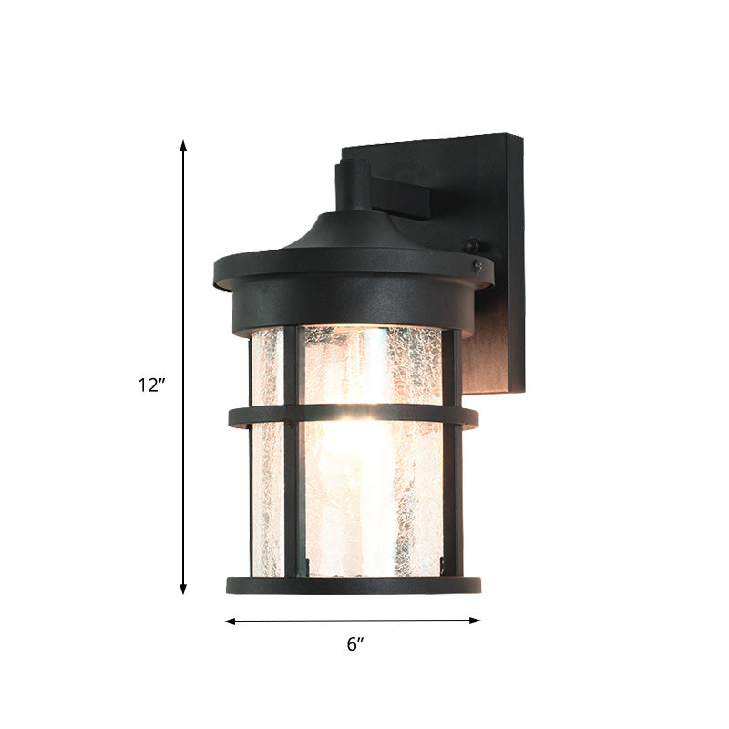 Cylinder Outdoor Wall Light Fixture Vintage Crackle Glass 1 Light Black Sconce Lamp, 6"/8" Wide Clearhalo 'Art deco wall lights' 'Cast Iron' 'Glass' 'Industrial wall lights' 'Industrial' 'Middle century wall lights' 'Modern' 'Rustic wall lights' 'Tiffany' 'Traditional wall lights' 'Wall Lamps & Sconces' 'Wall Lights' Lighting' 149997