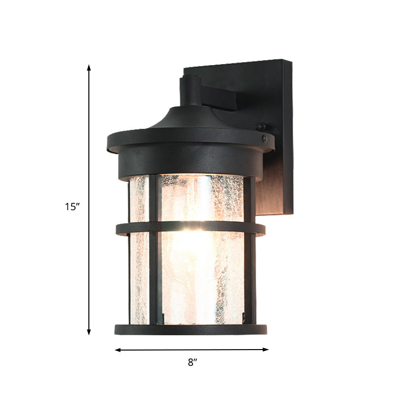 Cylinder Outdoor Wall Light Fixture Vintage Crackle Glass 1 Light Black Sconce Lamp, 6"/8" Wide Clearhalo 'Art deco wall lights' 'Cast Iron' 'Glass' 'Industrial wall lights' 'Industrial' 'Middle century wall lights' 'Modern' 'Rustic wall lights' 'Tiffany' 'Traditional wall lights' 'Wall Lamps & Sconces' 'Wall Lights' Lighting' 149998