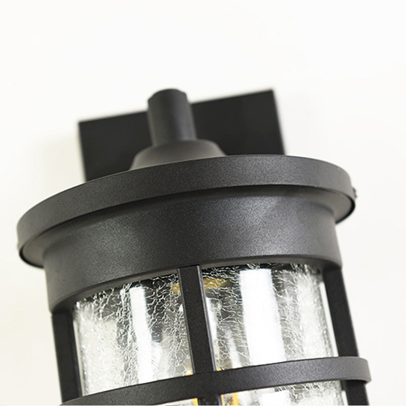 Cylinder Outdoor Wall Light Fixture Vintage Crackle Glass 1 Light Black Sconce Lamp, 6"/8" Wide Clearhalo 'Art deco wall lights' 'Cast Iron' 'Glass' 'Industrial wall lights' 'Industrial' 'Middle century wall lights' 'Modern' 'Rustic wall lights' 'Tiffany' 'Traditional wall lights' 'Wall Lamps & Sconces' 'Wall Lights' Lighting' 149999