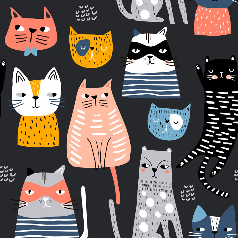 Childrens Art Cat Mural Wallpaper Multicolored Nursery Wall Art on Black, Made to Measure Clearhalo 'Wall Decor' 'Wall Mural' 1501379