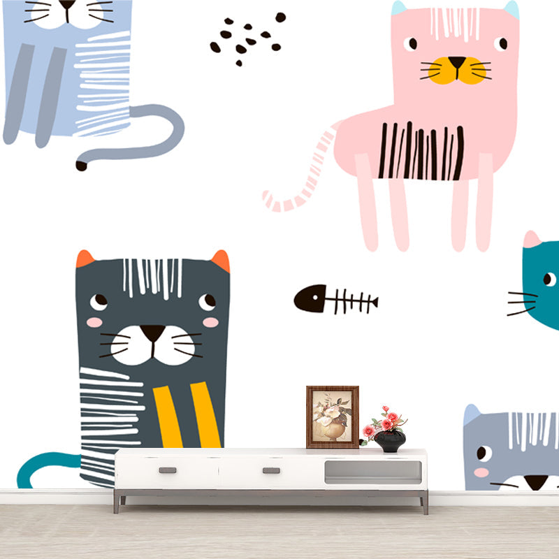 Cat with Fish Bone Mural Childrens Art Washable Bedroom Wall Decoration, Custom Made Clearhalo 'Wall Decor' 'Wall Mural' 1501407