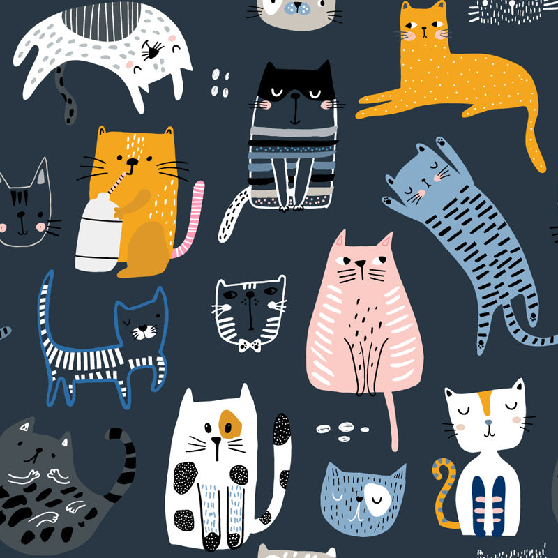 Kawaii Cats Wallpaper Mural for Child Room, Pink-Yellow-Blue, Custom Size Available Clearhalo 'Wall Decor' 'Wall Mural' 1501419