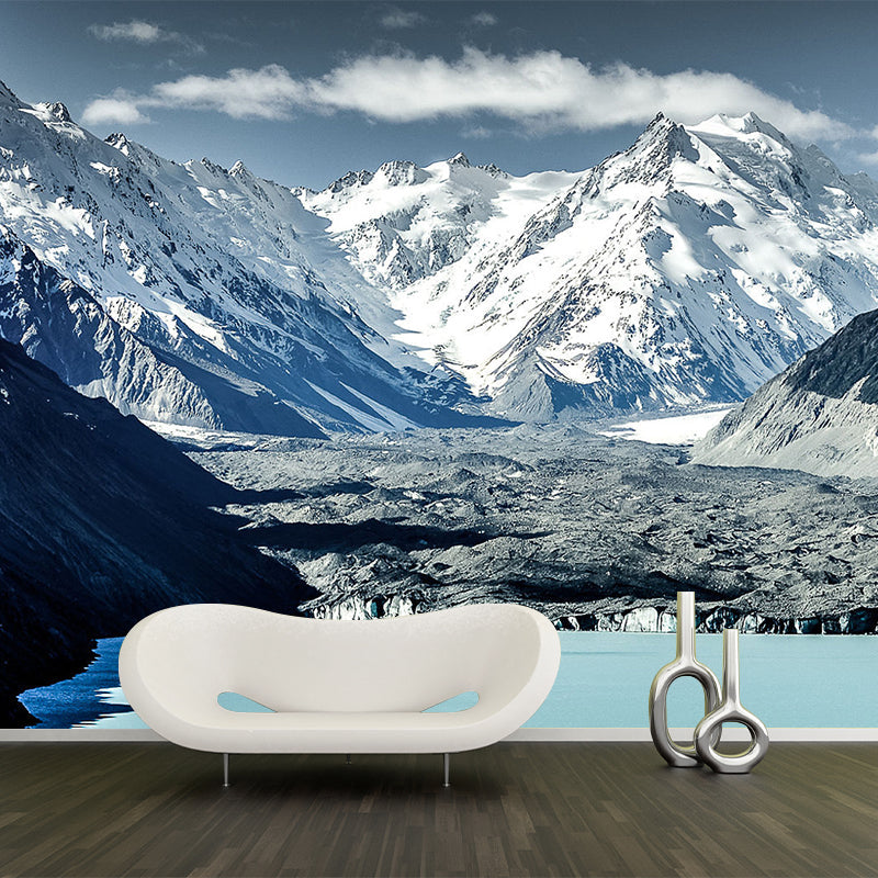Modern Snow Mountain Scenery Mural Non-Woven Waterproof Grey-White Wall Art for Home Gray-White Clearhalo 'Wall Decor' 'Wall Mural' 1501629