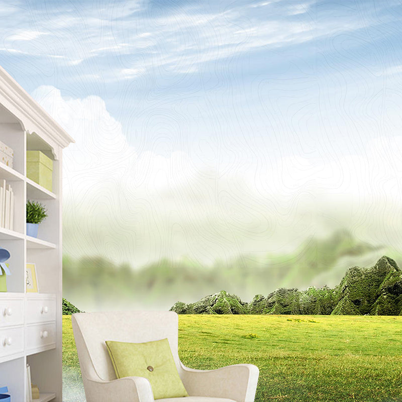 Picturesque Meadow Wall Covering Mural for Bedroom, Green, Customized Size Available Clearhalo 'Wall Decor' 'Wall Mural' 1501691