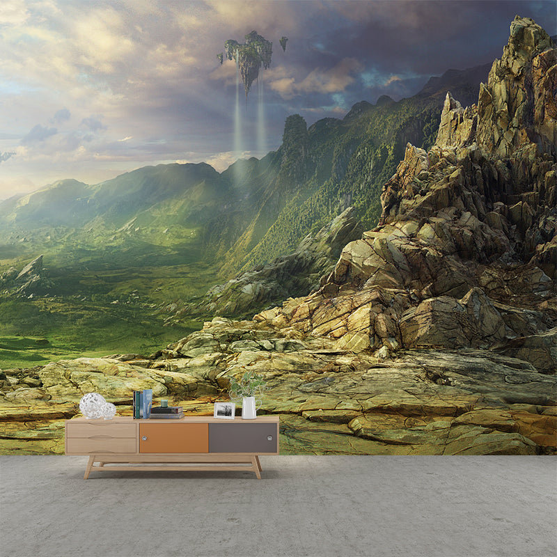 Magical Floating Mountains Wall Mural Decal for Living Room, Green, Made to Measure Green Clearhalo 'Wall Decor' 'Wall Mural' 1501939