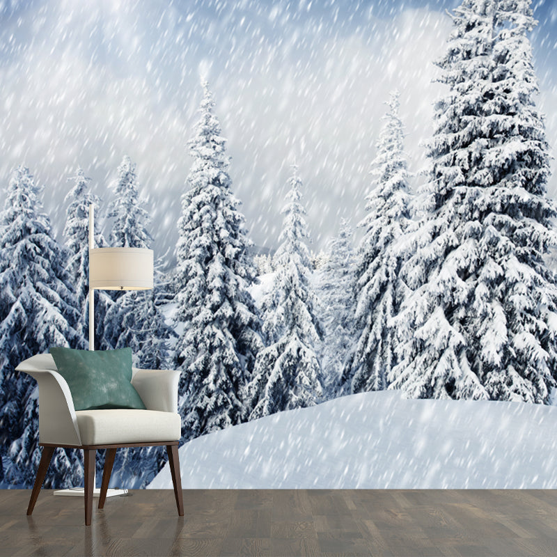 Cypress Winter Snowing Scenery Mural Modern Non-Woven Material Wall Decor in White Clearhalo 'Wall Decor' 'Wall Mural' 1502091