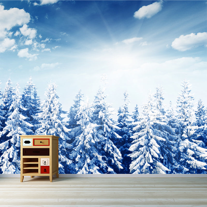 Blue Snowy Pine Trees Mural Decal Moisture Resistant Nordic Living Room Wall Art Clearhalo 'Wall Decor' 'Wall Mural' 1502096