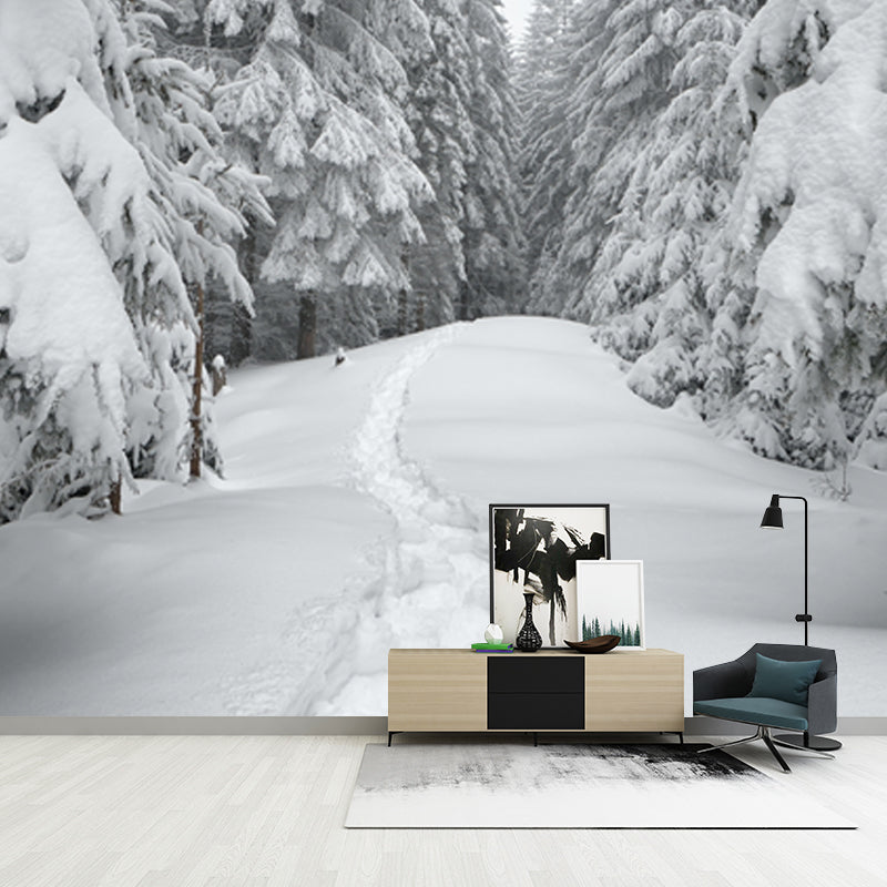 Smooth Whole White Mural Modern Road Across Snowy Cypress Wall Covering, Custom Size Clearhalo 'Wall Decor' 'Wall Mural' 1502176