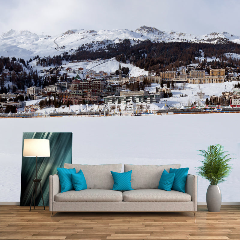 Non-Woven Large White Mural Modern Mountain Village Snow Landscape Wall Decor, Made to Measure White Clearhalo 'Wall Decor' 'Wall Mural' 1502339