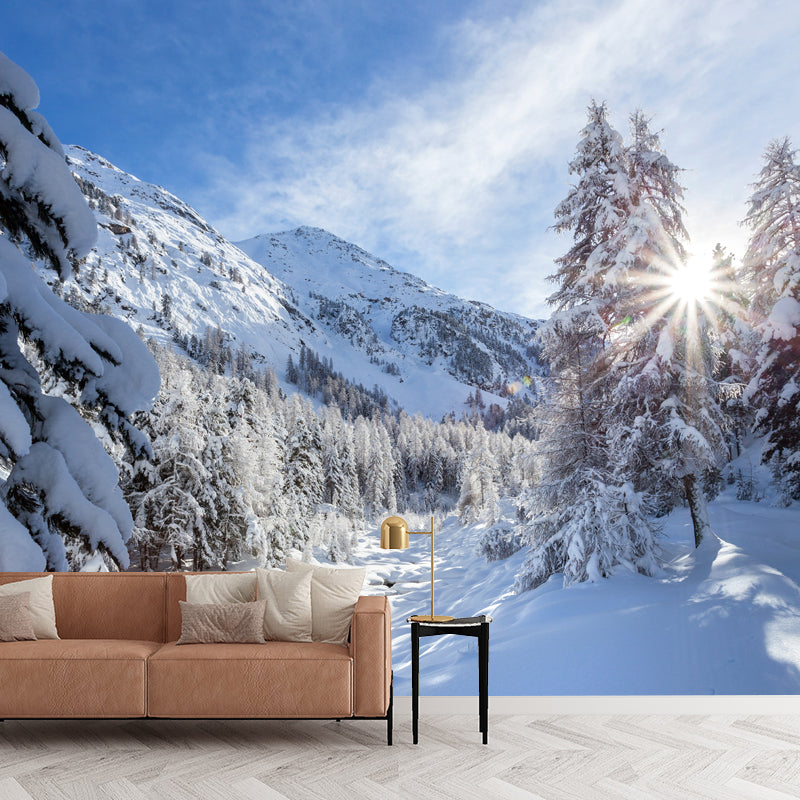 Blue Sky Snow Forest Mural Decal Stain-Resistant Modernist Living Room Wall Covering Clearhalo 'Wall Decor' 'Wall Mural' 1502360