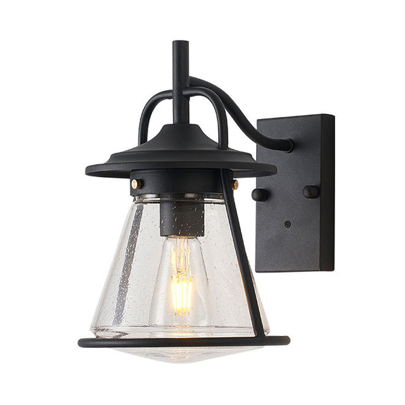 1 Light Clear Seeded Glass Wall Sconce Light Industrial Black Cone Shade Outdoor Lighting Fixture Clearhalo 'Art deco wall lights' 'Cast Iron' 'Glass' 'Industrial wall lights' 'Industrial' 'Middle century wall lights' 'Modern' 'Rustic wall lights' 'Tiffany' 'Traditional wall lights' 'Wall Lamps & Sconces' 'Wall Lights' Lighting' 150238