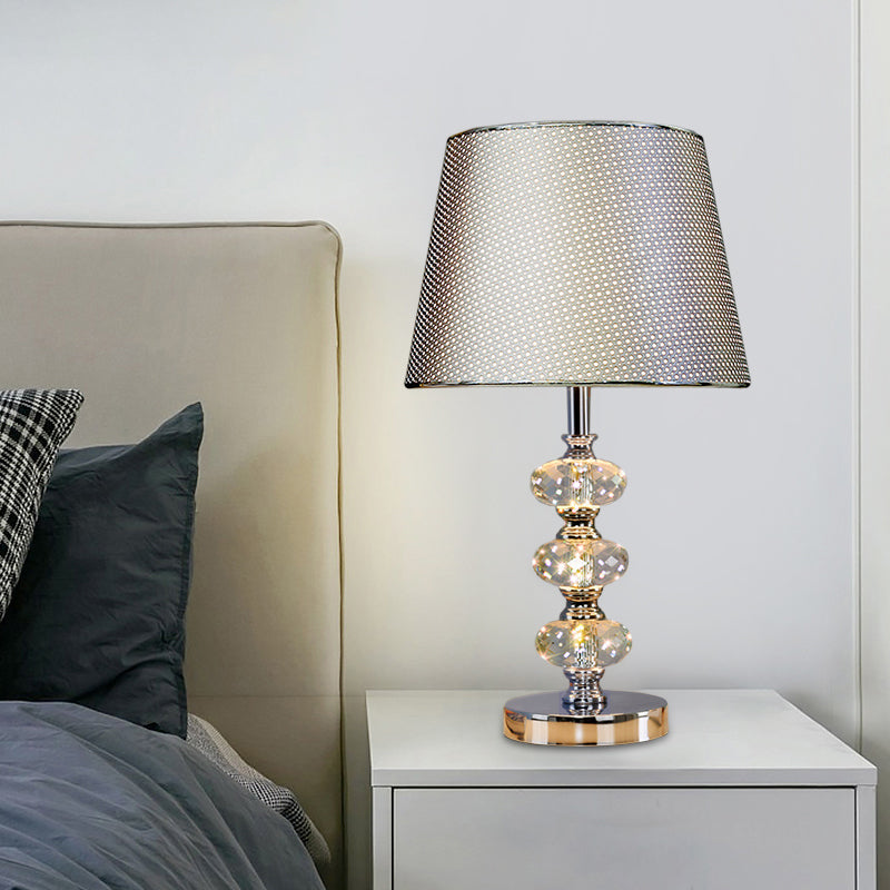 Fabric Cylindrical Shade Study Light Contemporary 1 Head Nightstand Lighting in Silver/Beige/Coffee with Crystal Lamp Post Silver Clearhalo 'Lamps' 'Table Lamps' Lighting' 1502811