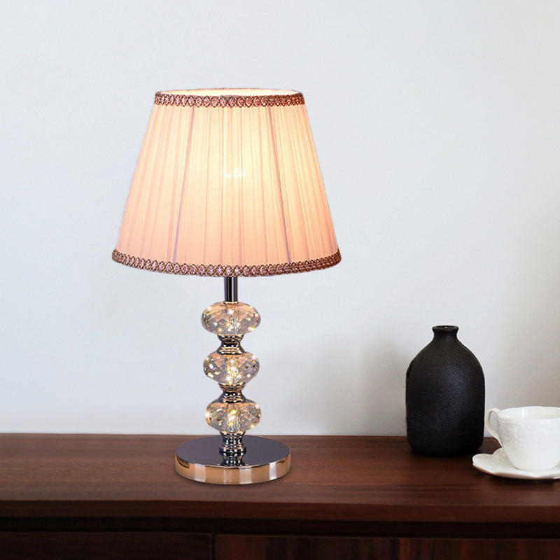 Fabric Cylindrical Shade Study Light Contemporary 1 Head Nightstand Lighting in Silver/Beige/Coffee with Crystal Lamp Post Clearhalo 'Lamps' 'Table Lamps' Lighting' 1502816