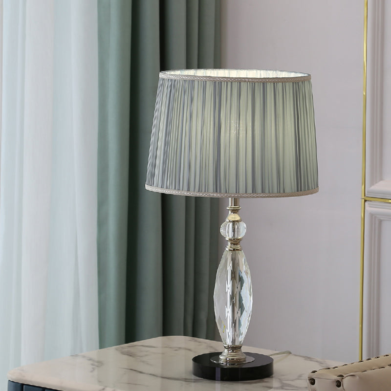Minimalism 1 Bulb Desk Lamp with Fabric Shade Grey/Blue Drum Nightstand Light with Clear Crystal Base for Parlor Blue Clearhalo 'Lamps' 'Table Lamps' Lighting' 1502898