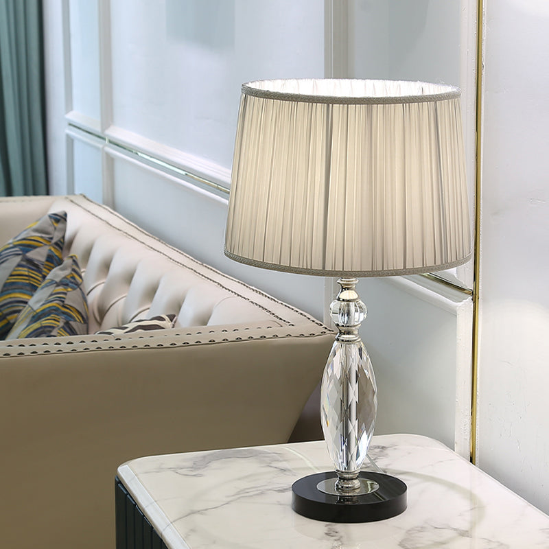 Minimalism 1 Bulb Desk Lamp with Fabric Shade Grey/Blue Drum Nightstand Light with Clear Crystal Base for Parlor Clearhalo 'Lamps' 'Table Lamps' Lighting' 1502904