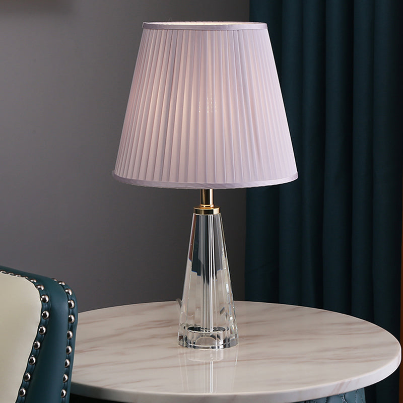 1 Light Conical Desk Lighting Minimalism Clear Crystal Nightstand Lamp in Grey/Pink/Blue with Pleated Shade Clearhalo 'Lamps' 'Table Lamps' Lighting' 1502943