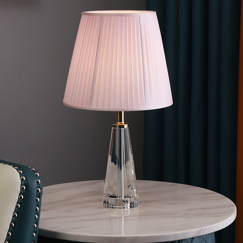 1 Light Conical Desk Lighting Minimalism Clear Crystal Nightstand Lamp in Grey/Pink/Blue with Pleated Shade Clearhalo 'Lamps' 'Table Lamps' Lighting' 1502947