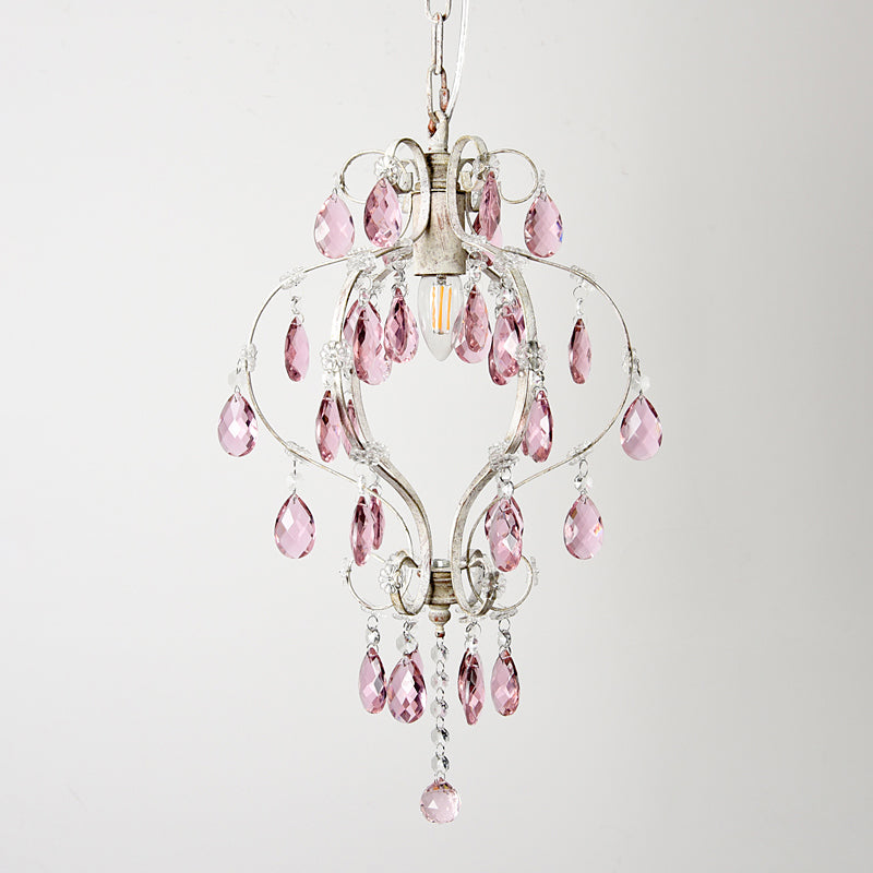 Lantern Ceiling Pendant Light Classic Metal 1-Head Suspension Lamp in Distressed White with Crystal Accents Clearhalo 'Ceiling Lights' 'Pendant Lights' 'Pendants' Lighting' 1503067