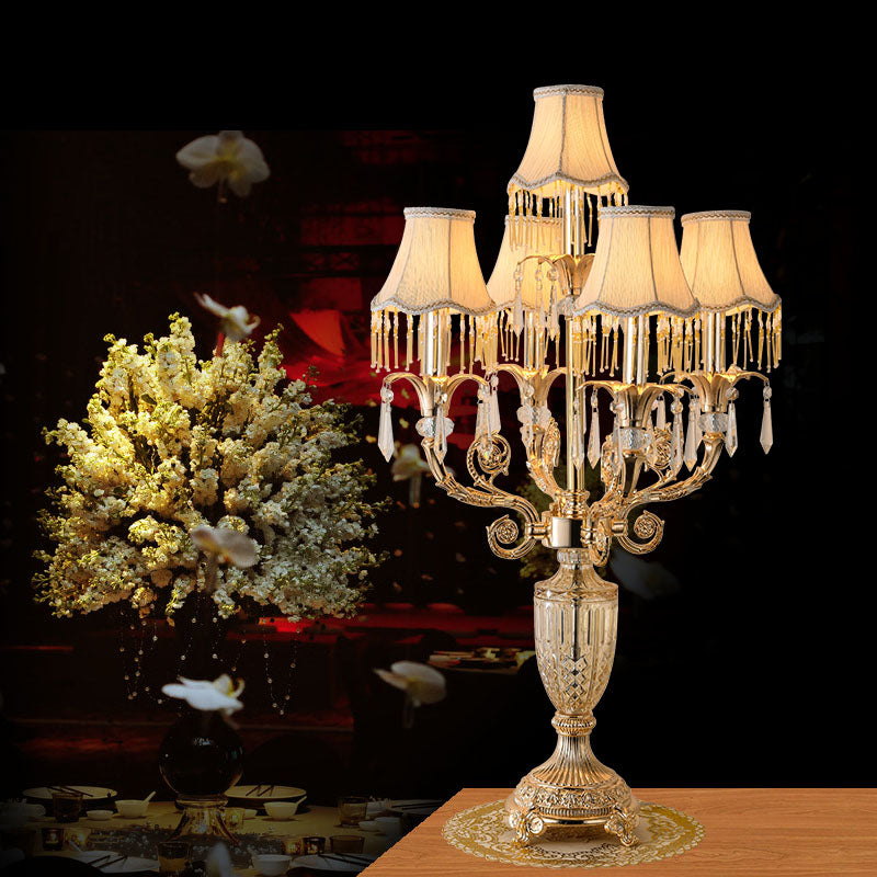5 Bulbs Crystal Spears Table Light Traditional Gold Candlestick Parlor Nightstand Lamp with/without Fabric Bell Shade Chrome With Shade Clearhalo 'Lamps' 'Table Lamps' Lighting' 1503131