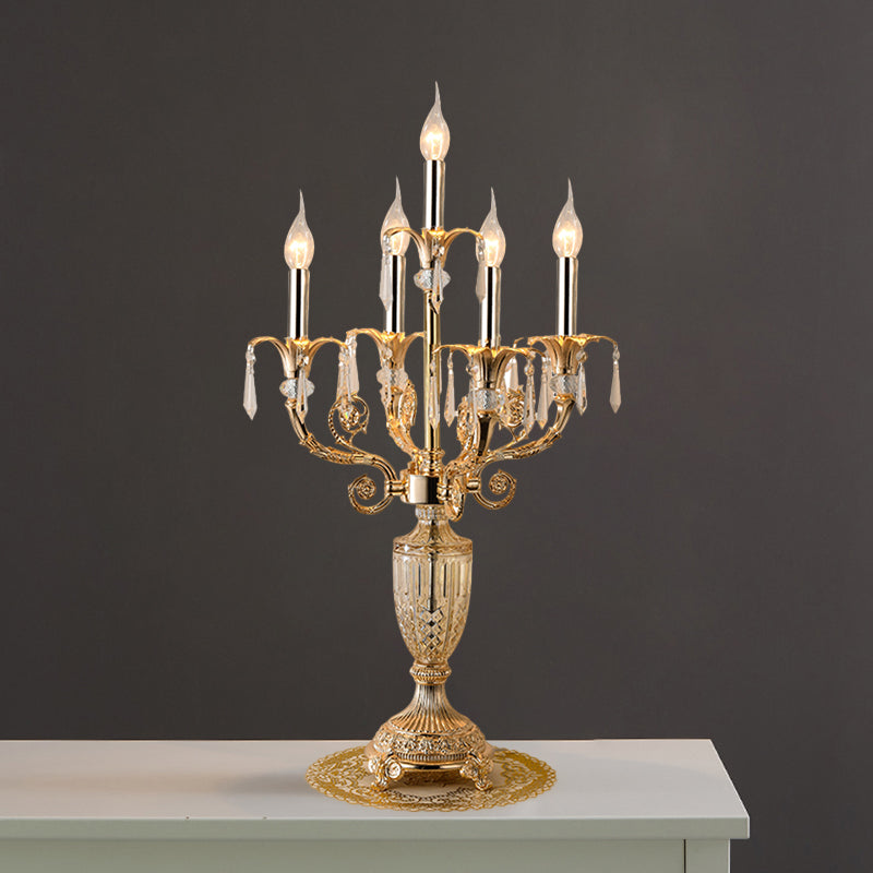 5 Bulbs Crystal Spears Table Light Traditional Gold Candlestick Parlor Nightstand Lamp with/without Fabric Bell Shade Clearhalo 'Lamps' 'Table Lamps' Lighting' 1503137