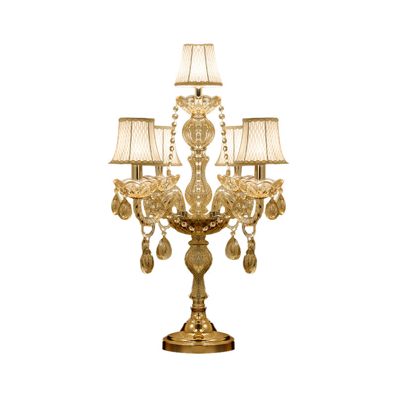 5/6 Heads Candelabra Table Light Traditional Gold Crystal Droplets Nightstand Lamp with/without White Bell Fabric Shade Clearhalo 'Lamps' 'Table Lamps' Lighting' 1503142