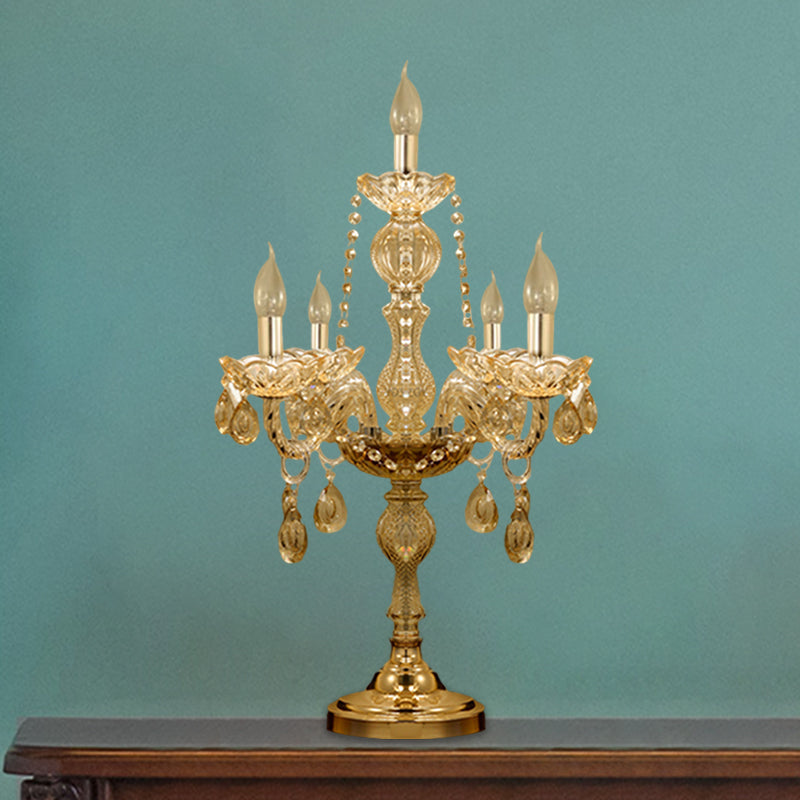 5/6 Heads Candelabra Table Light Traditional Gold Crystal Droplets Nightstand Lamp with/without White Bell Fabric Shade Clearhalo 'Lamps' 'Table Lamps' Lighting' 1503145