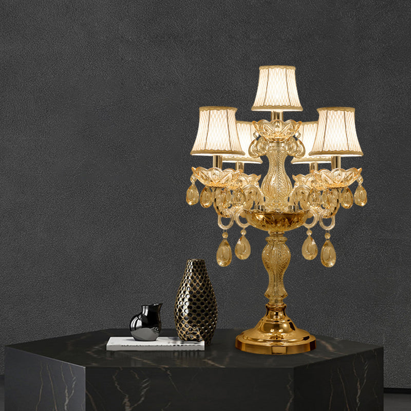 Gold 5/6/7 Bulbs Night Stand Lamp Traditional Clear Crystal Candlestick Table Light with White Bell Fabric Shade Clearhalo 'Lamps' 'Table Lamps' Lighting' 1503204