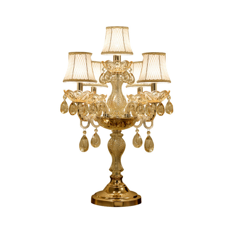 Gold 5/6/7 Bulbs Night Stand Lamp Traditional Clear Crystal Candlestick Table Light with White Bell Fabric Shade Clearhalo 'Lamps' 'Table Lamps' Lighting' 1503205