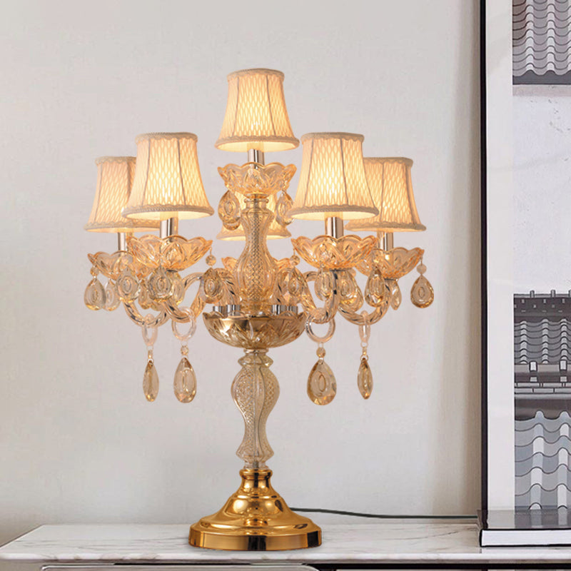 Gold 5/6/7 Bulbs Night Stand Lamp Traditional Clear Crystal Candlestick Table Light with White Bell Fabric Shade Clearhalo 'Lamps' 'Table Lamps' Lighting' 1503209