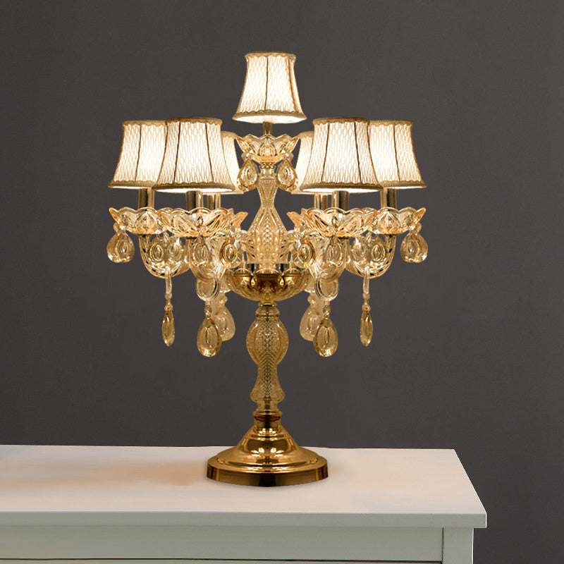 Gold 5/6/7 Bulbs Night Stand Lamp Traditional Clear Crystal Candlestick Table Light with White Bell Fabric Shade Clearhalo 'Lamps' 'Table Lamps' Lighting' 1503214