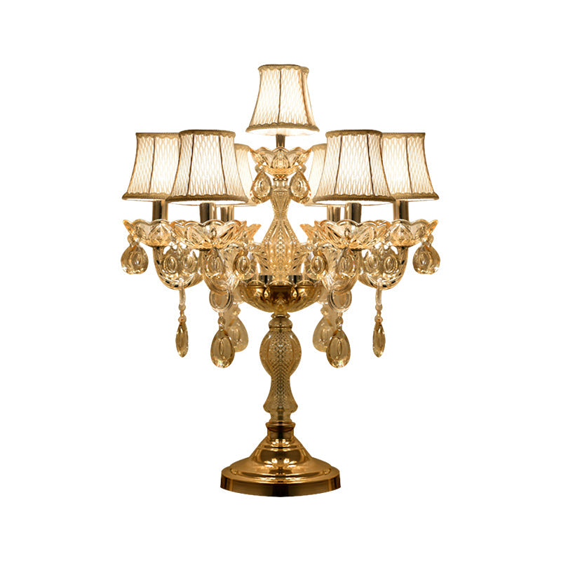 Gold 5/6/7 Bulbs Night Stand Lamp Traditional Clear Crystal Candlestick Table Light with White Bell Fabric Shade Clearhalo 'Lamps' 'Table Lamps' Lighting' 1503215