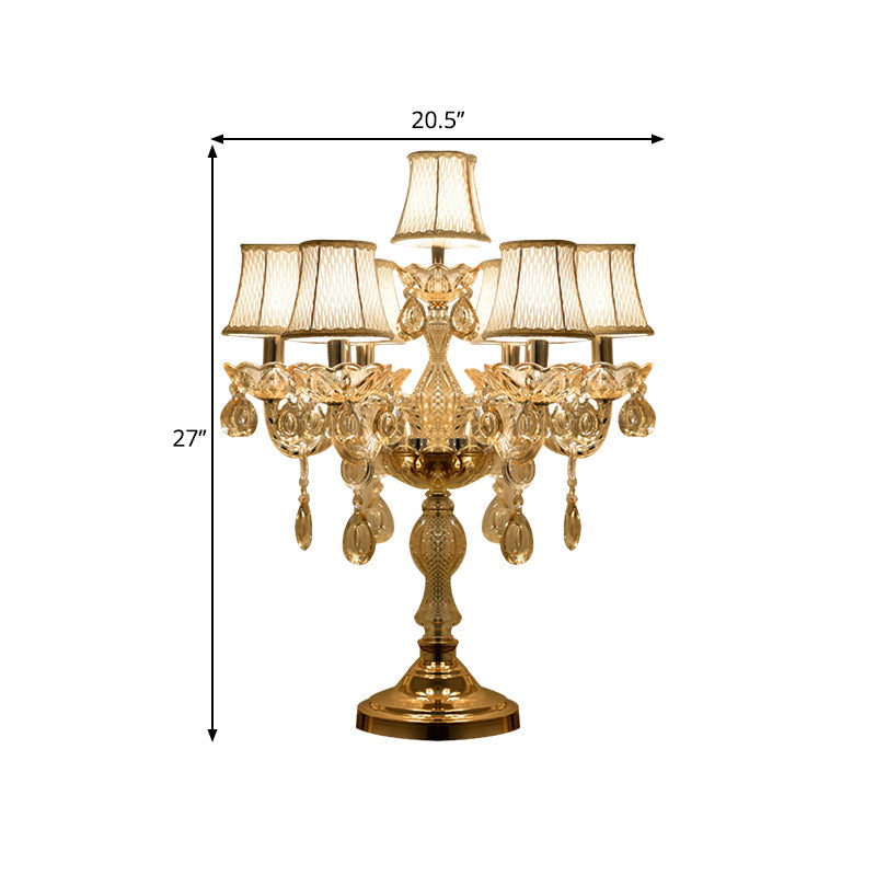 Gold 5/6/7 Bulbs Night Stand Lamp Traditional Clear Crystal Candlestick Table Light with White Bell Fabric Shade Clearhalo 'Lamps' 'Table Lamps' Lighting' 1503216