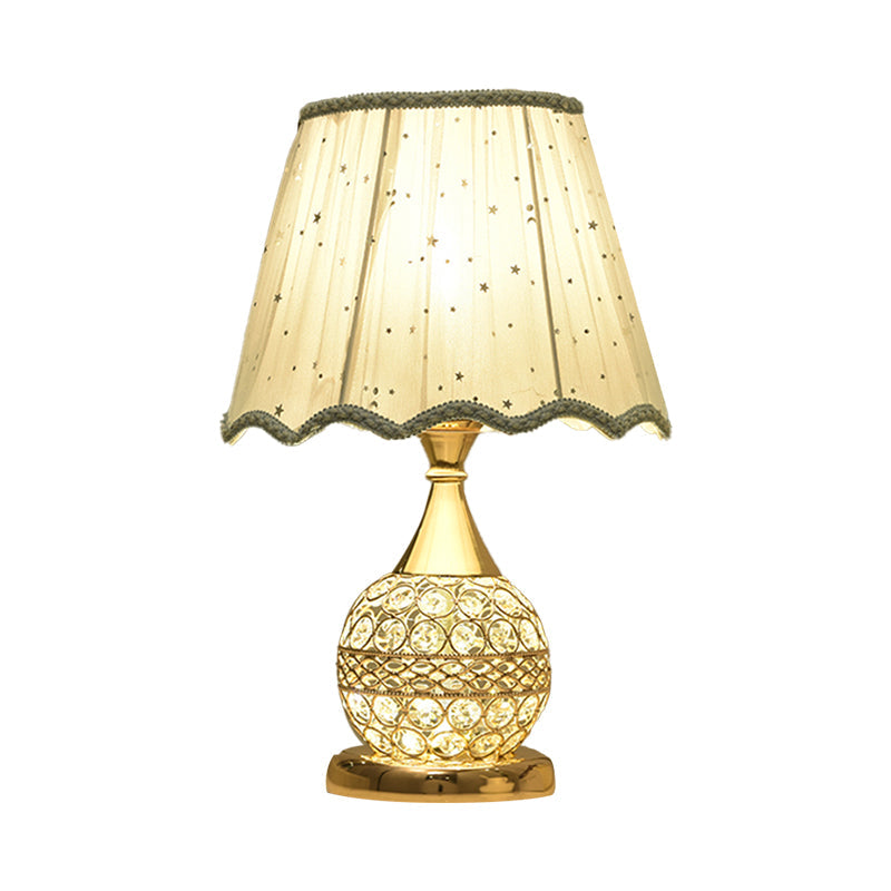 Crystal Embedded Gold Nightstand Lamp Sphere Framed 1 Bulb Traditional Table Light with Star-Patterned Shade Clearhalo 'Lamps' 'Table Lamps' Lighting' 1503247