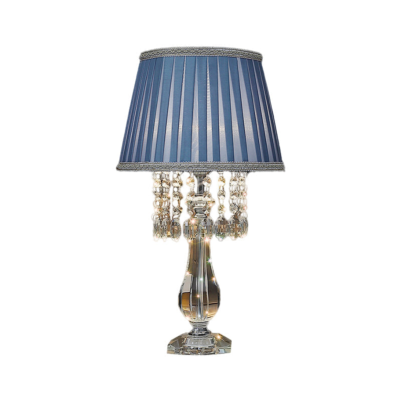Beige/Burgundy/Sky Blue 1 Bulb Nightstand Lamp Traditional Clear Crystal Beads Bell/Pleated Shade Table Light for Bedroom Clearhalo 'Lamps' 'Table Lamps' Lighting' 1503251
